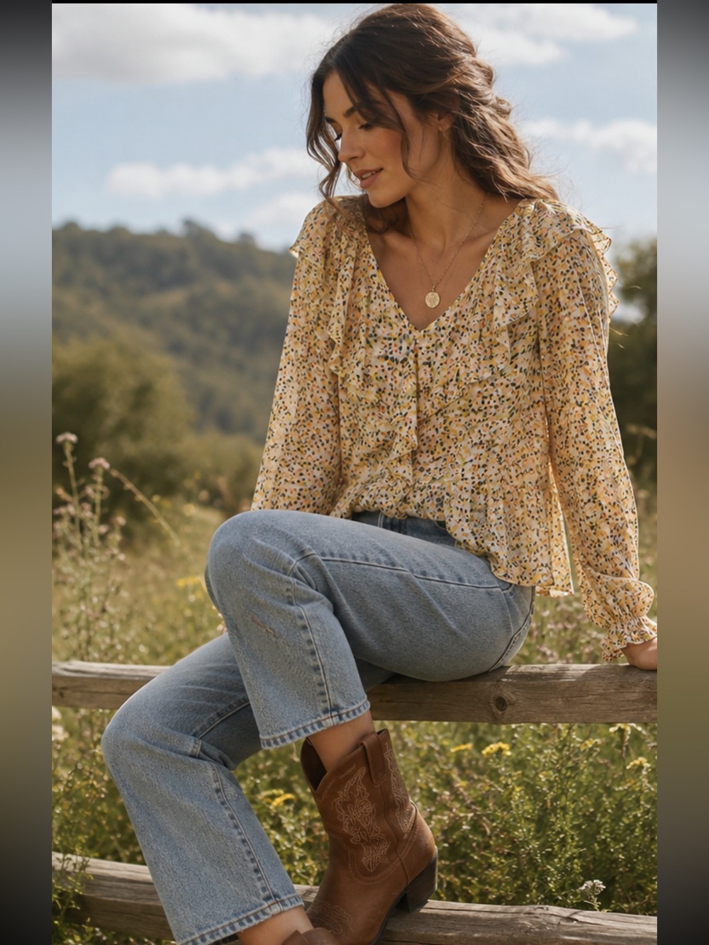 Democracy Romantic Floral Blouse Ruffle Peplum Cottagecore Top M